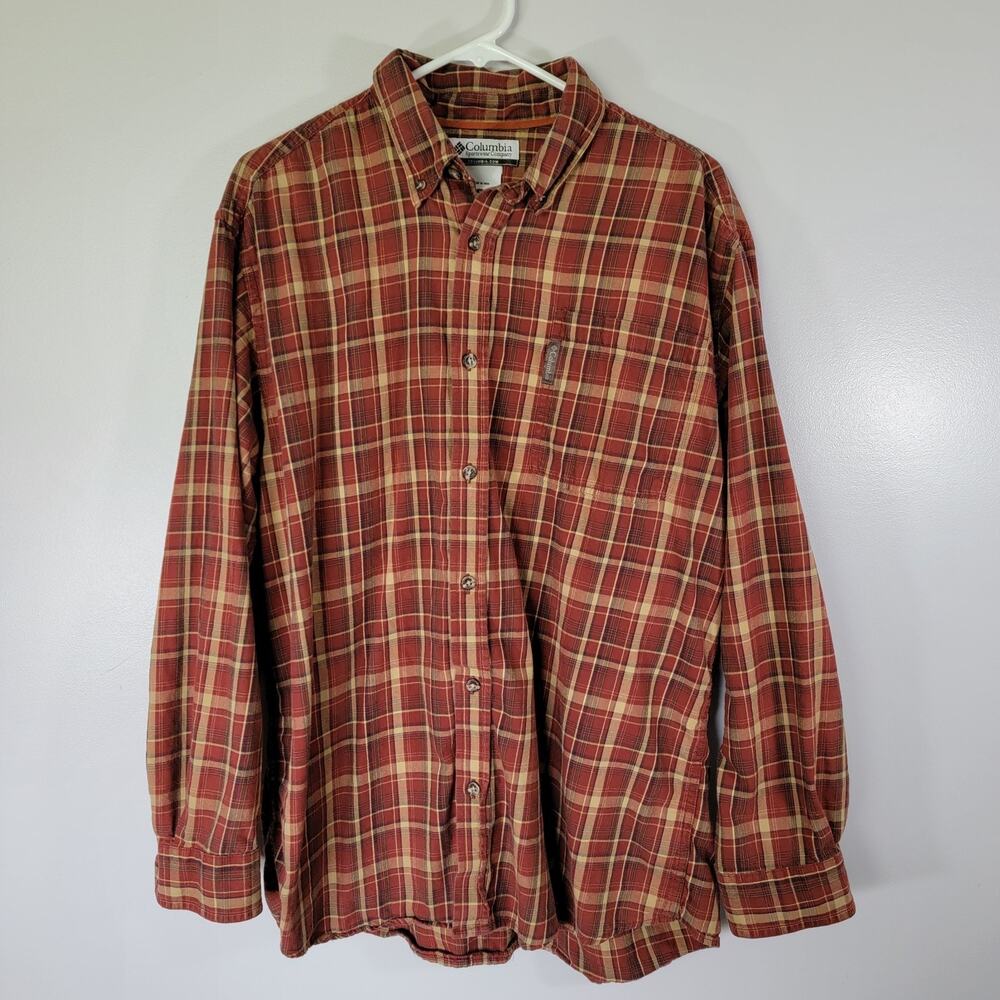 Columbia Shirt Mens L Button Up Maroon Tan Plaid Pen Pocket Cowboy Western